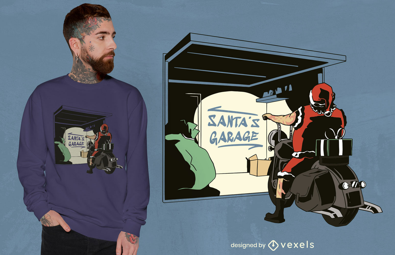 Diseño de camiseta navideña de garaje de Santa