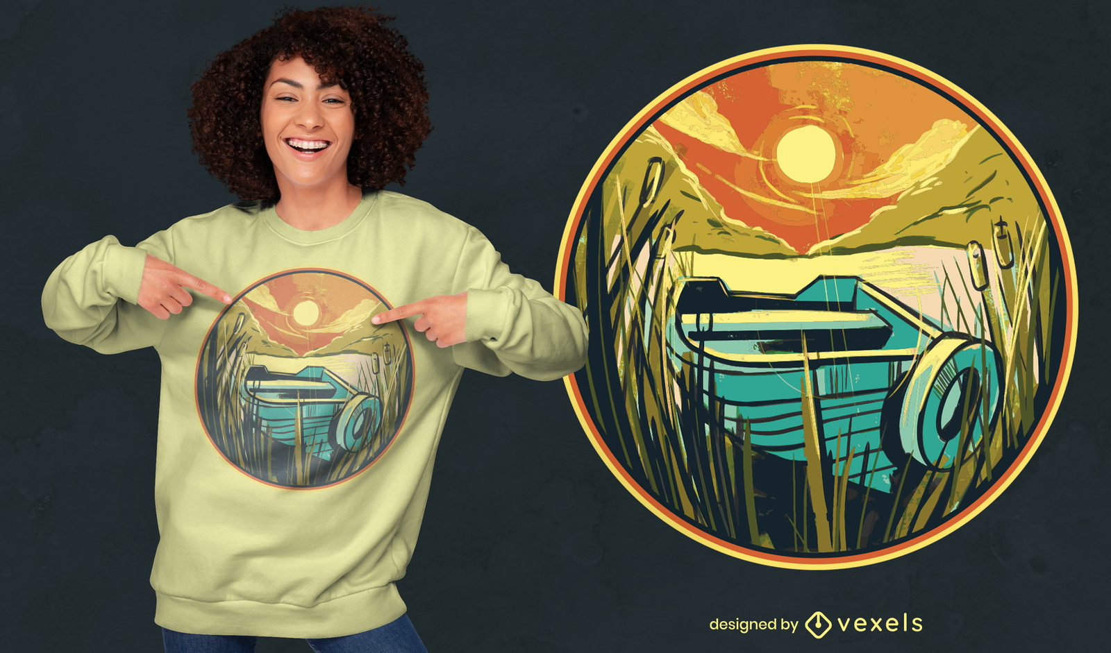 Barco en diseño de camiseta de paisaje pantanoso.