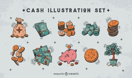 Conjunto de cor de elementos de dinheiro desenhado à mão