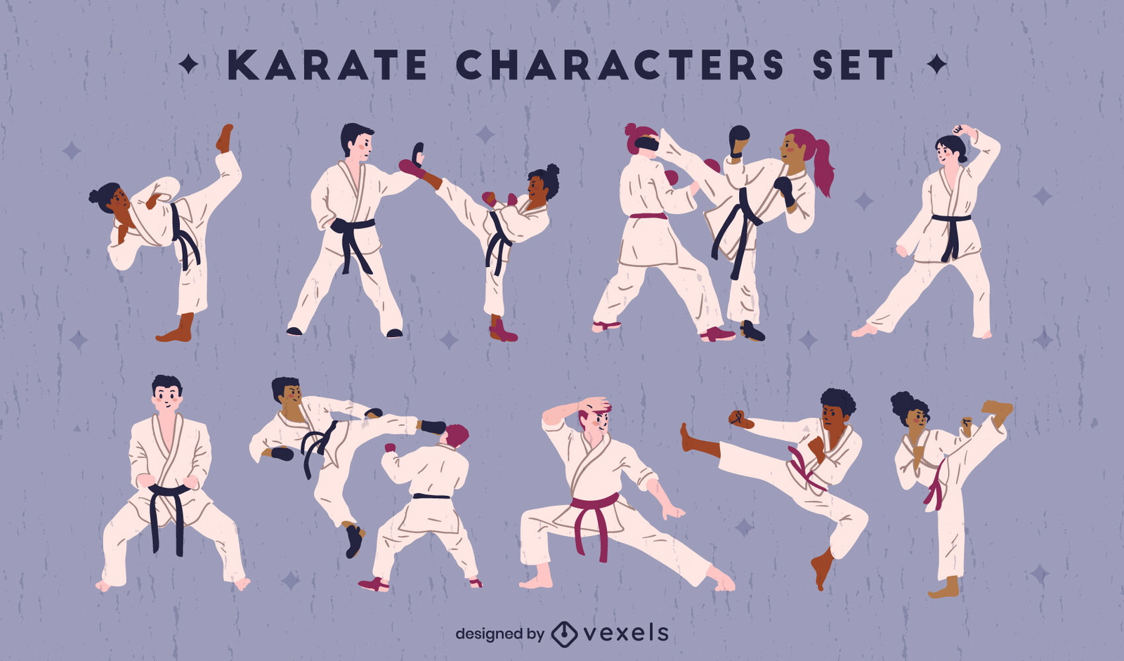 Colección de personajes de karate plana.