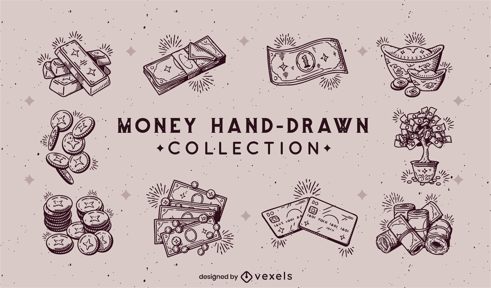 Itens de dinheiro desenhados à mão