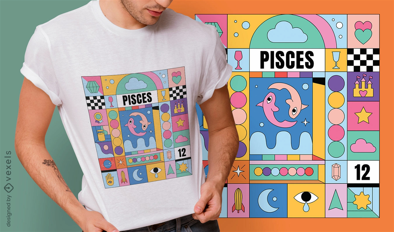 Diseño de camiseta de signo del zodiaco colorido de Piscis