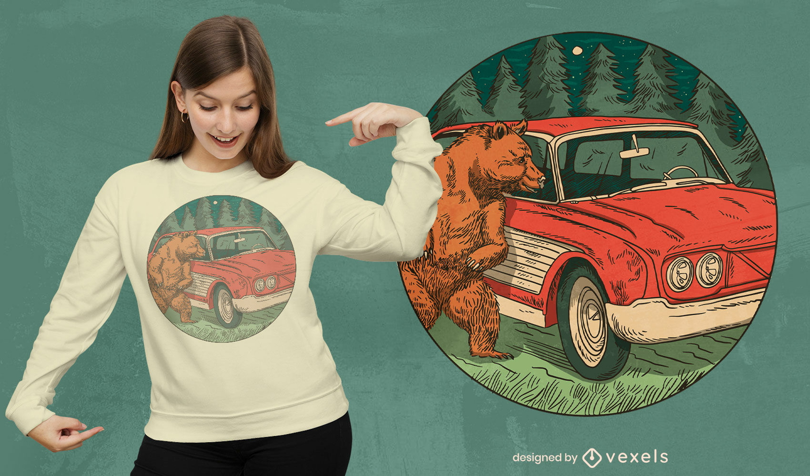 Design de camiseta de urso e carro