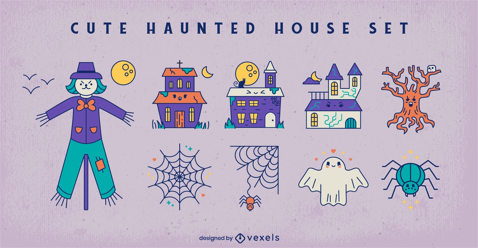 Haunted house halloween cute elements set