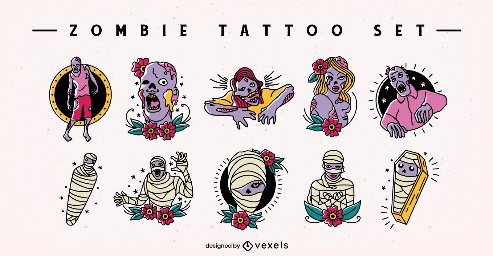 Zombie and mummies scary tattoo set