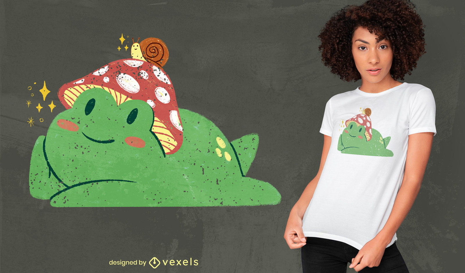 Süßer Frosch mit Pilz- und Schnecken-PSD-T-Shirt-Design