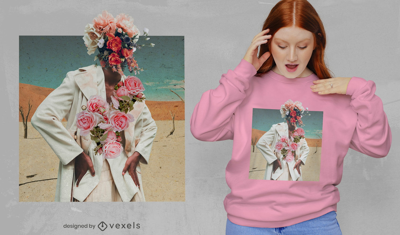 Flores modelo niña collage psd diseño de camiseta