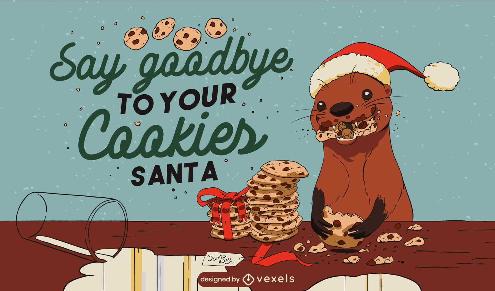 Ilustração de lontra comendo biscoitos de natal