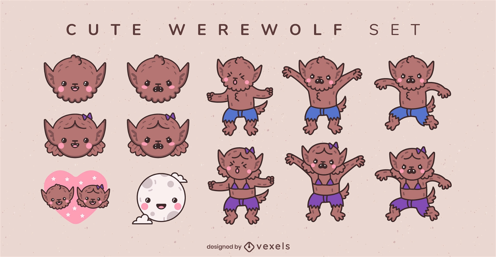 Cute baby werewolf monster character set