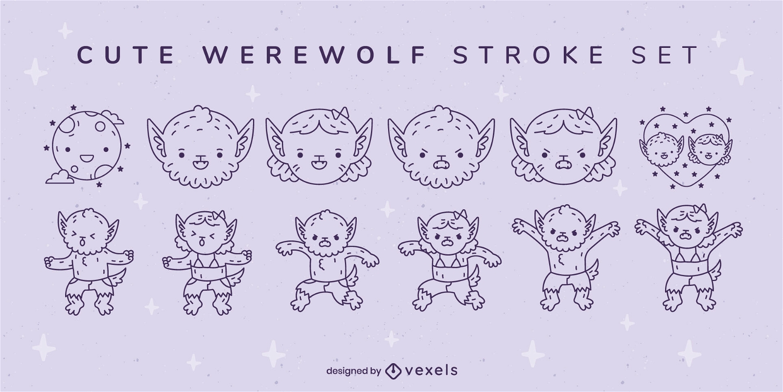 Cute baby werewolf monster character stroke set