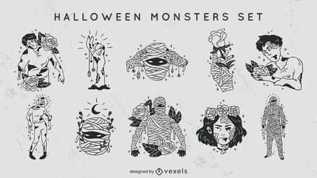 Halloween monsters filled stroke set