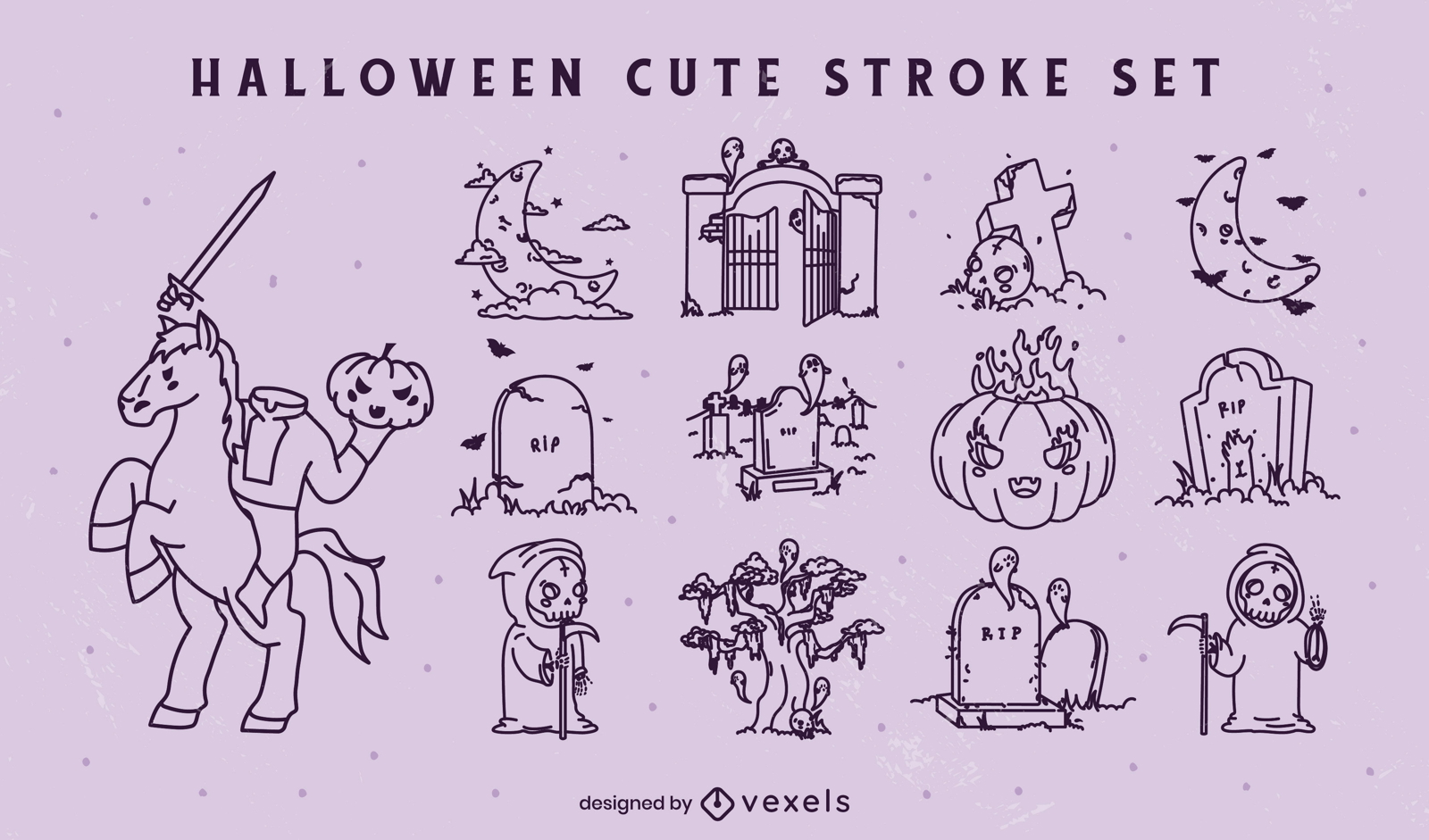 Halloween graveyard elements stroke set