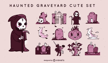 Halloween graveyard elements cute set