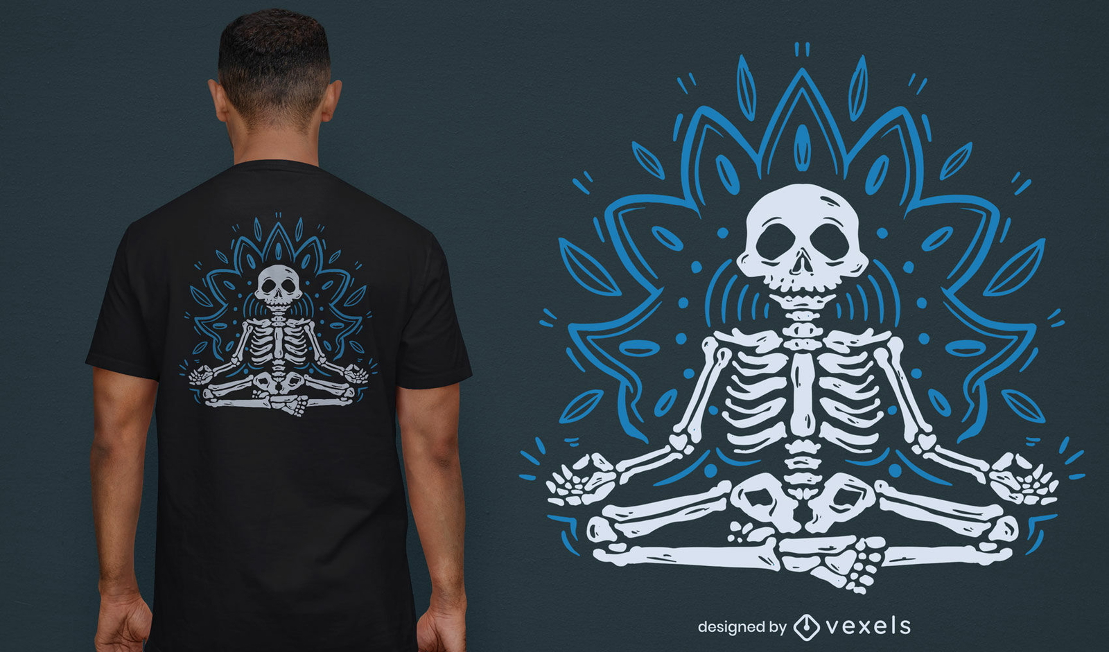 Diseño de camiseta de mandala esqueleto meditando fresco