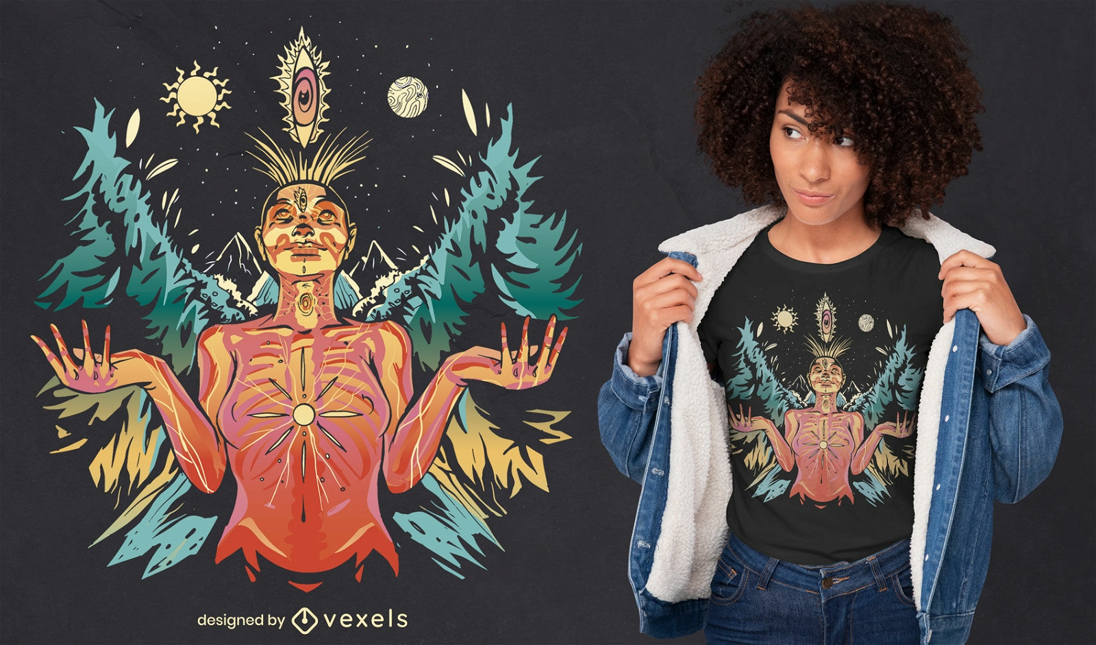 Desenho de t-shirt com ilustração de mulher espiritual
