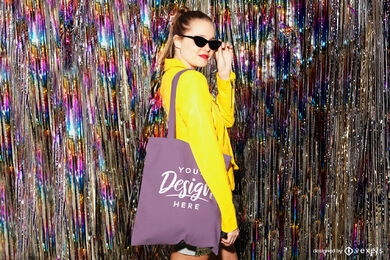 Purple tote bag mockup girl in night club