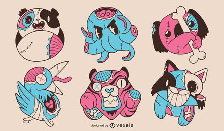 Cool zombie animals illustrations set