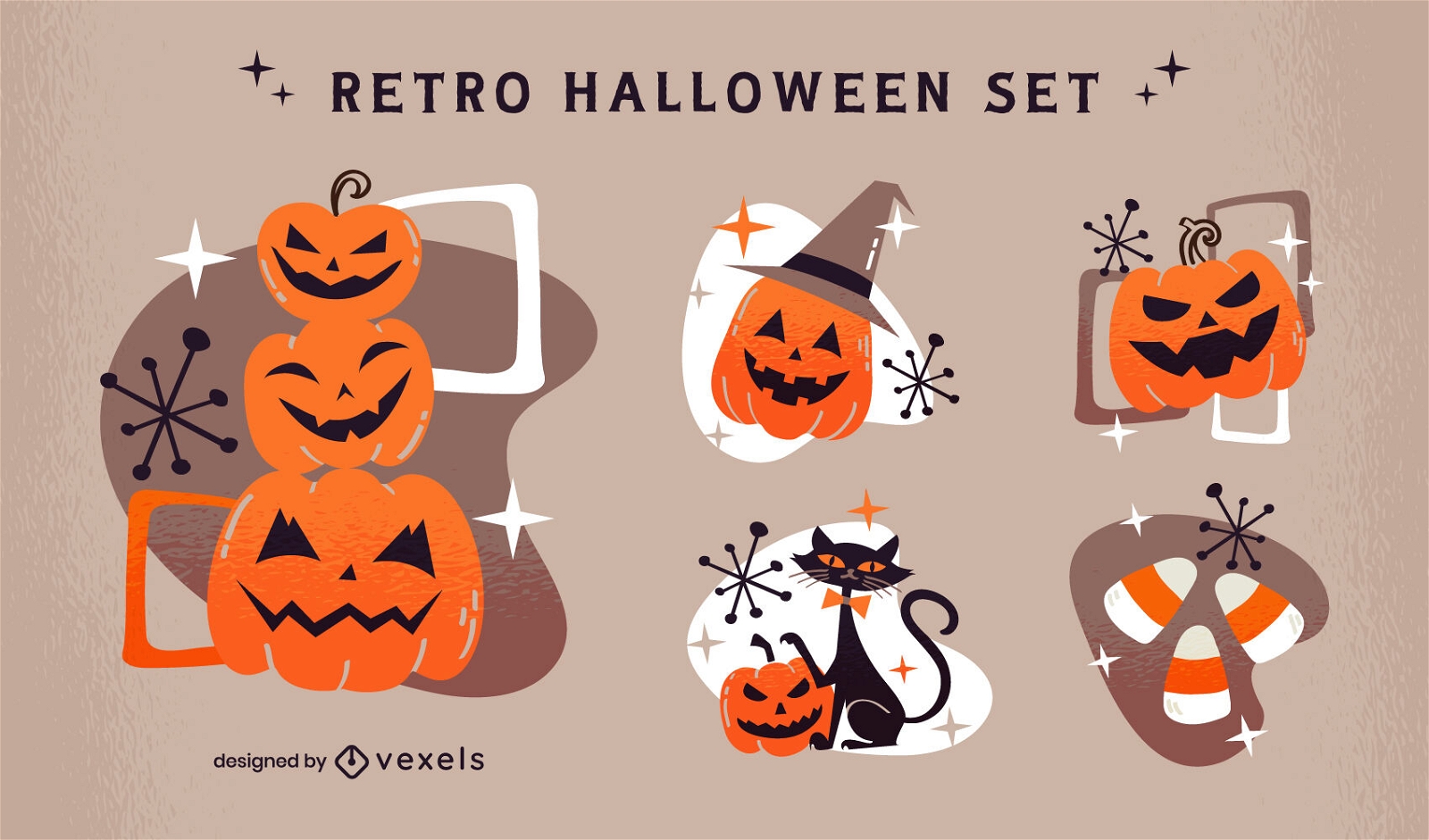 Retro-Set mit Halloween-Kürbiselementen