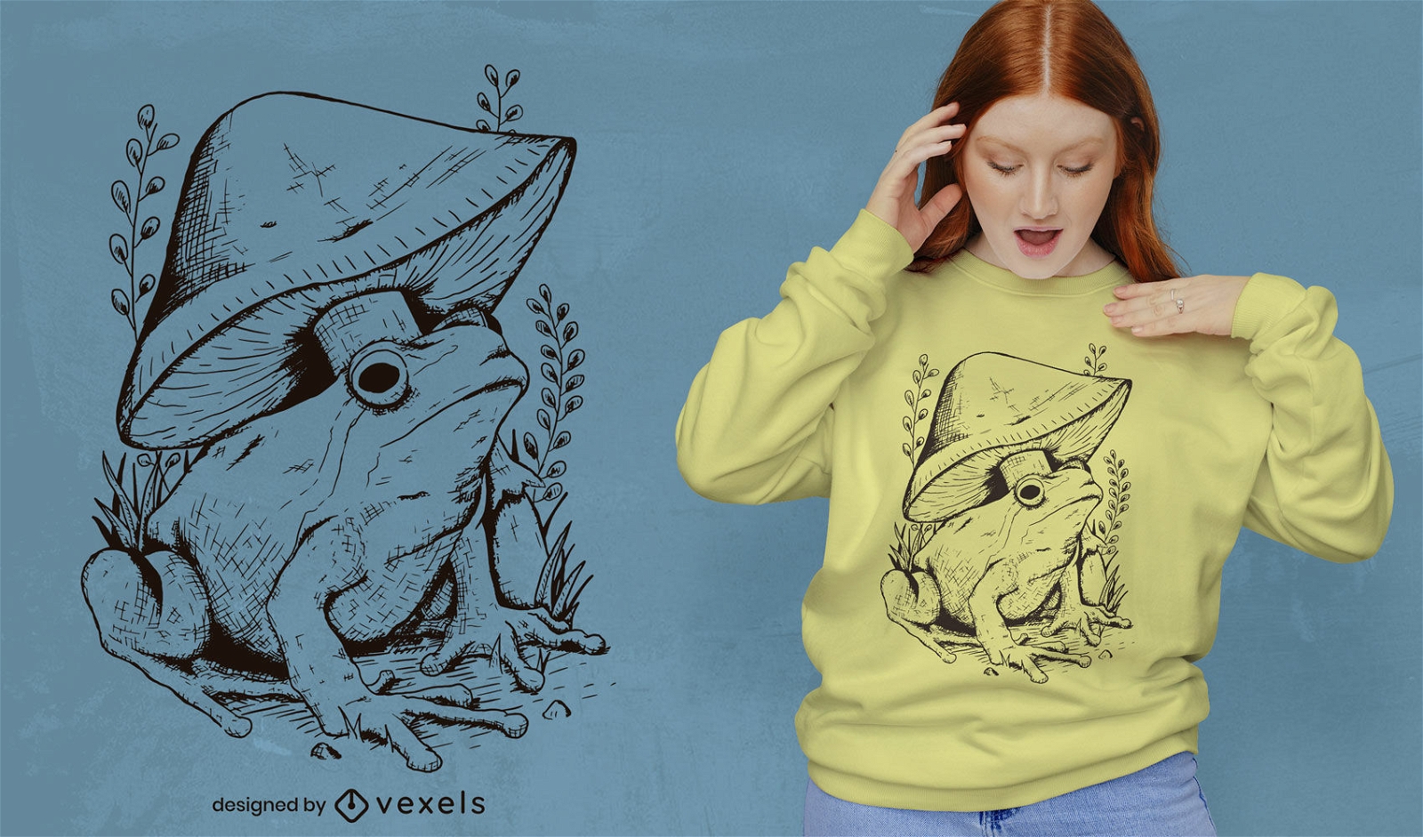 Frosch und Pilz handgezeichnetes T-Shirt-Design