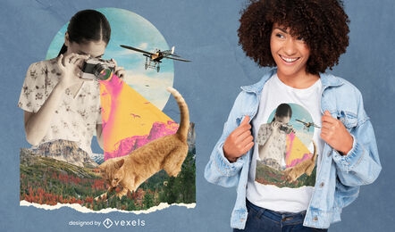 Collage Mädchen Kamera und Katze PSD T-Shirt Design