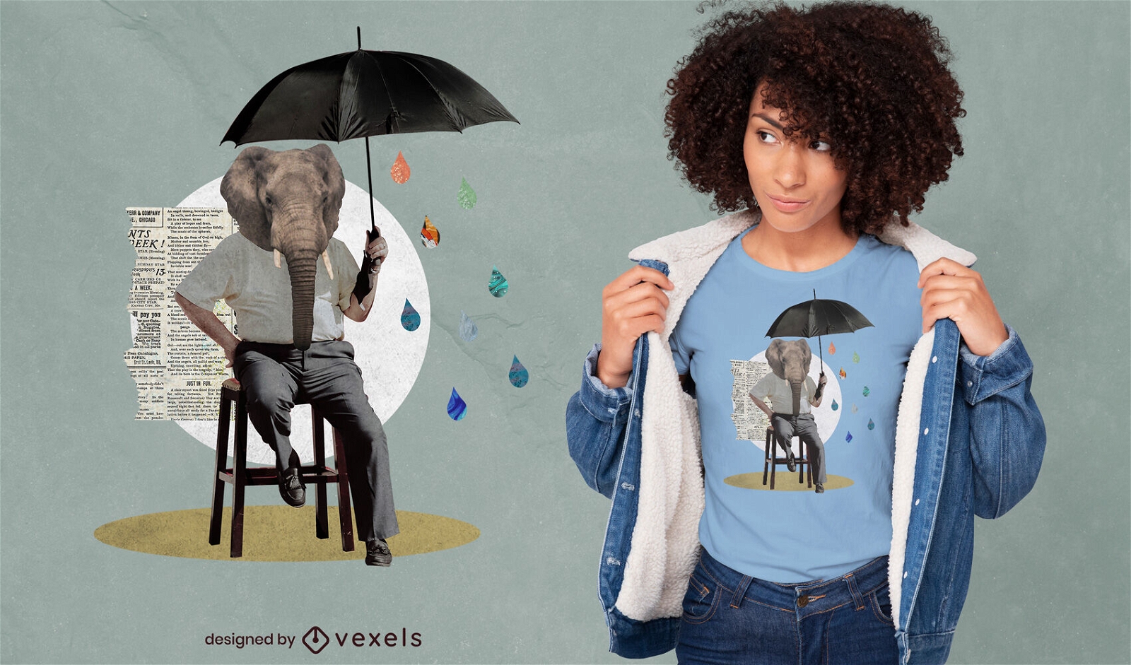 Elefante hombre con paraguas psd diseño de camiseta.
