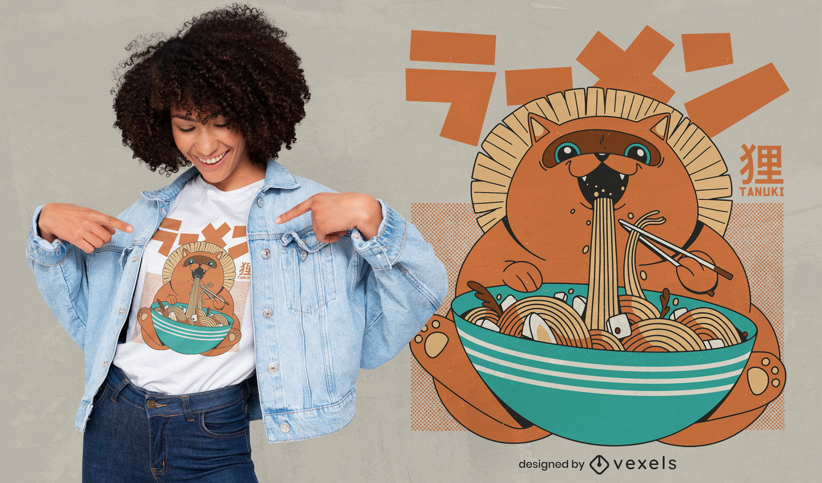 Cool tanuki comiendo diseño de camiseta de ramen