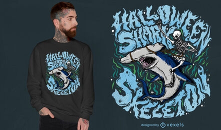 Desenho de tubarão trippy de Halloween e camiseta de esqueleto