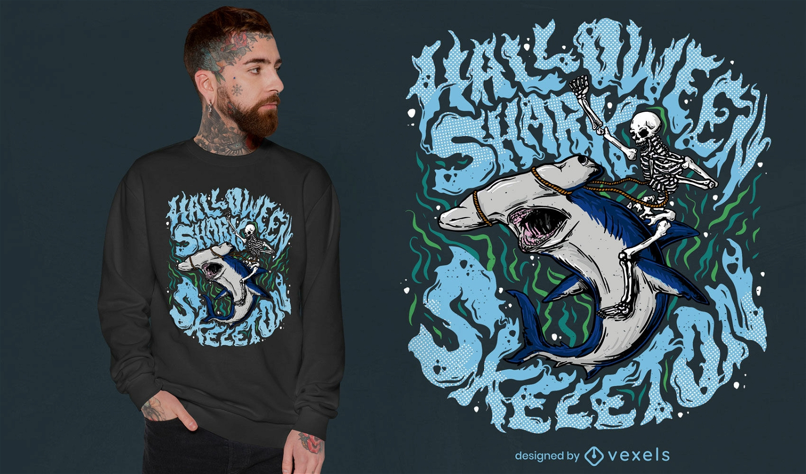 Trippy Halloween shark and skeleton t-shirt design