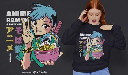 Chica de anime con diseño de camiseta de tazón de ramen