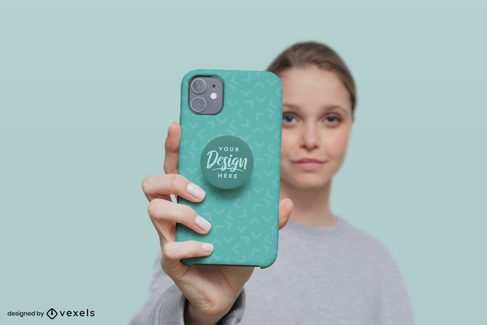 Maqueta de popsocket verde de una niña en fondo verde