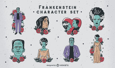 Conjunto de caracteres de estilo de tatuagem de Frankenstein
