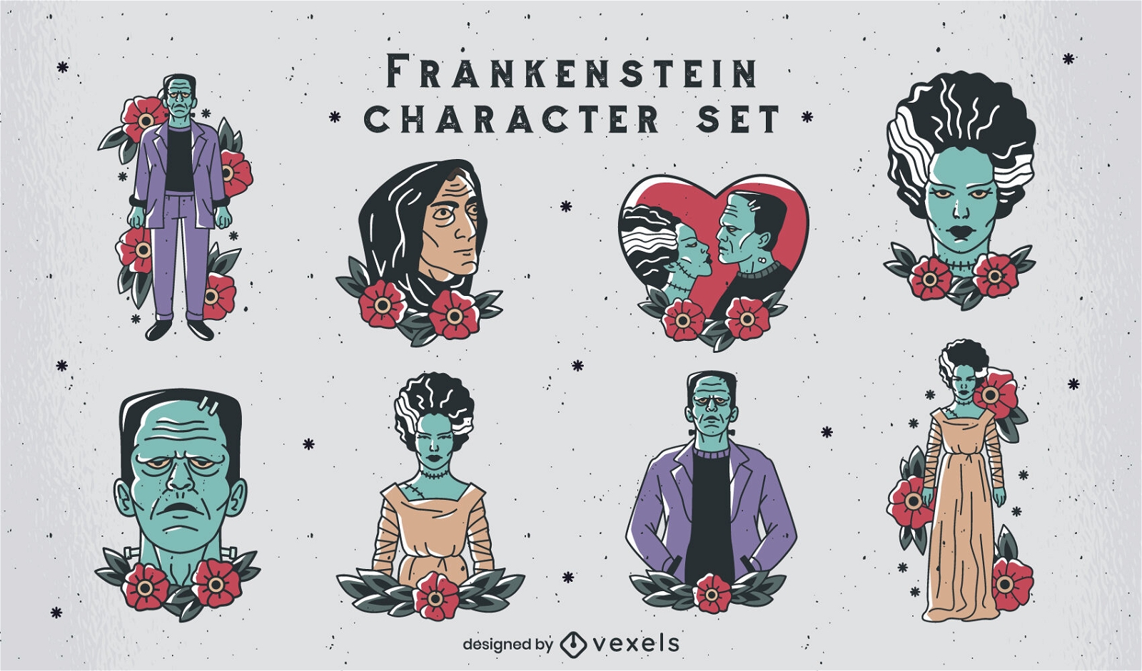 Frankenstein tattoo style characters set