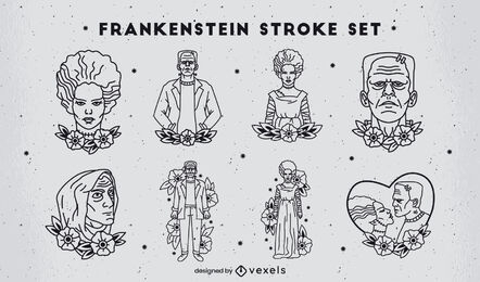 Frankenstein stroke tattoo style characters set