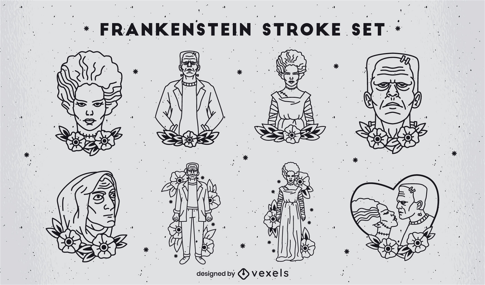 Conjunto de caracteres de estilo de tatuagem de tra?o de Frankenstein