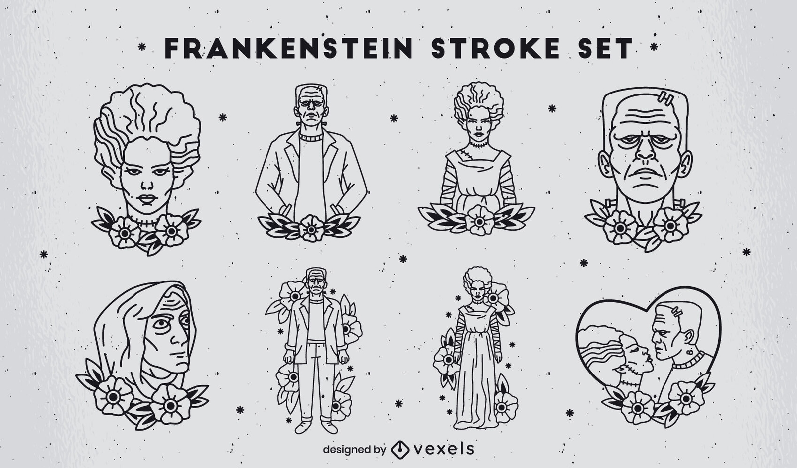 Conjunto de caracteres de estilo de tatuagem de traço de Frankenstein