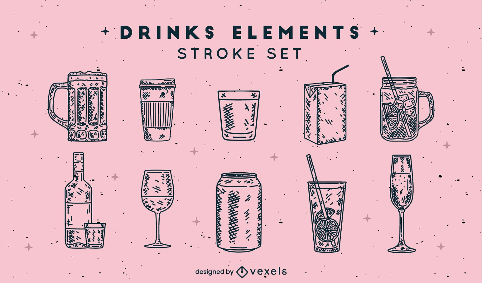 Conjunto de elementos de bebida desenhados à mão