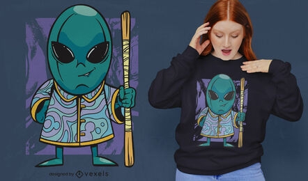 Diseño de camiseta de monje alienígena de dibujos animados