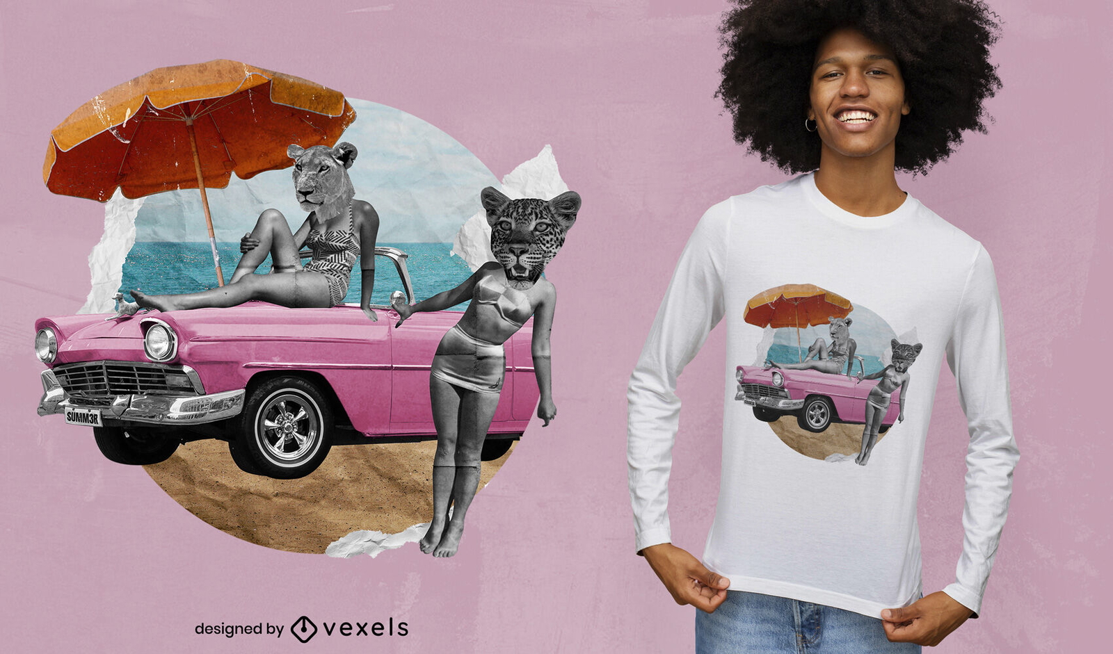 Diseño de camiseta psd de collage de coches y animales antiguos