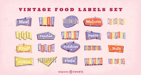 Conjunto de etiquetas de nombres de ingredientes alimentarios vintage