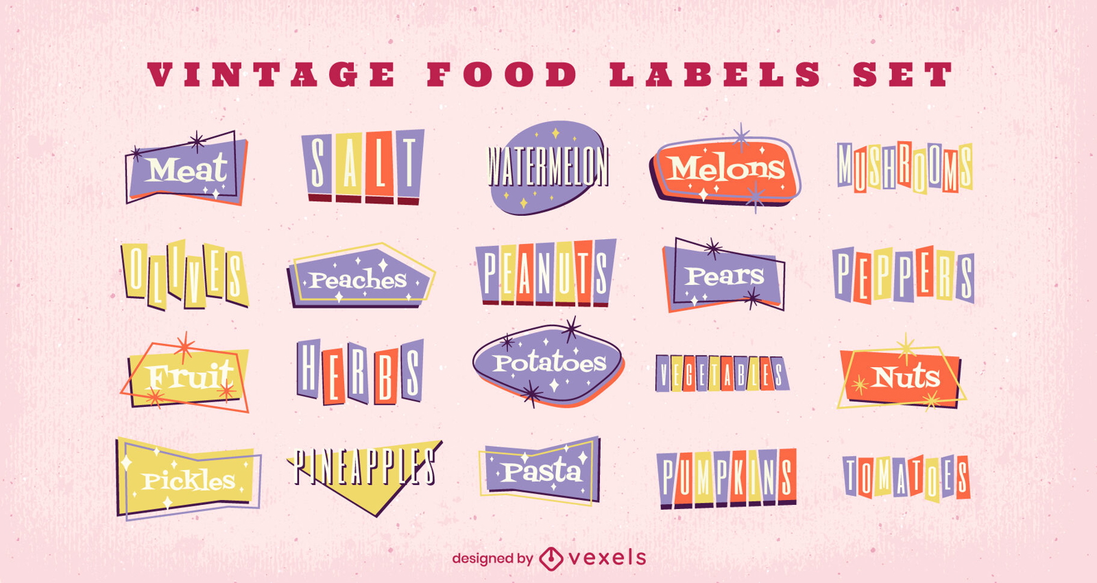 Conjunto de rótulos de nomes de ingredientes alimentícios vintage