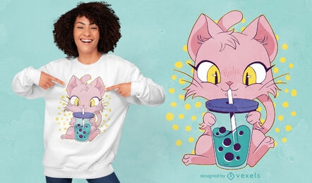 Niedliche Anime-Katze, die Boba-Tee-T-Shirt Design trinkt