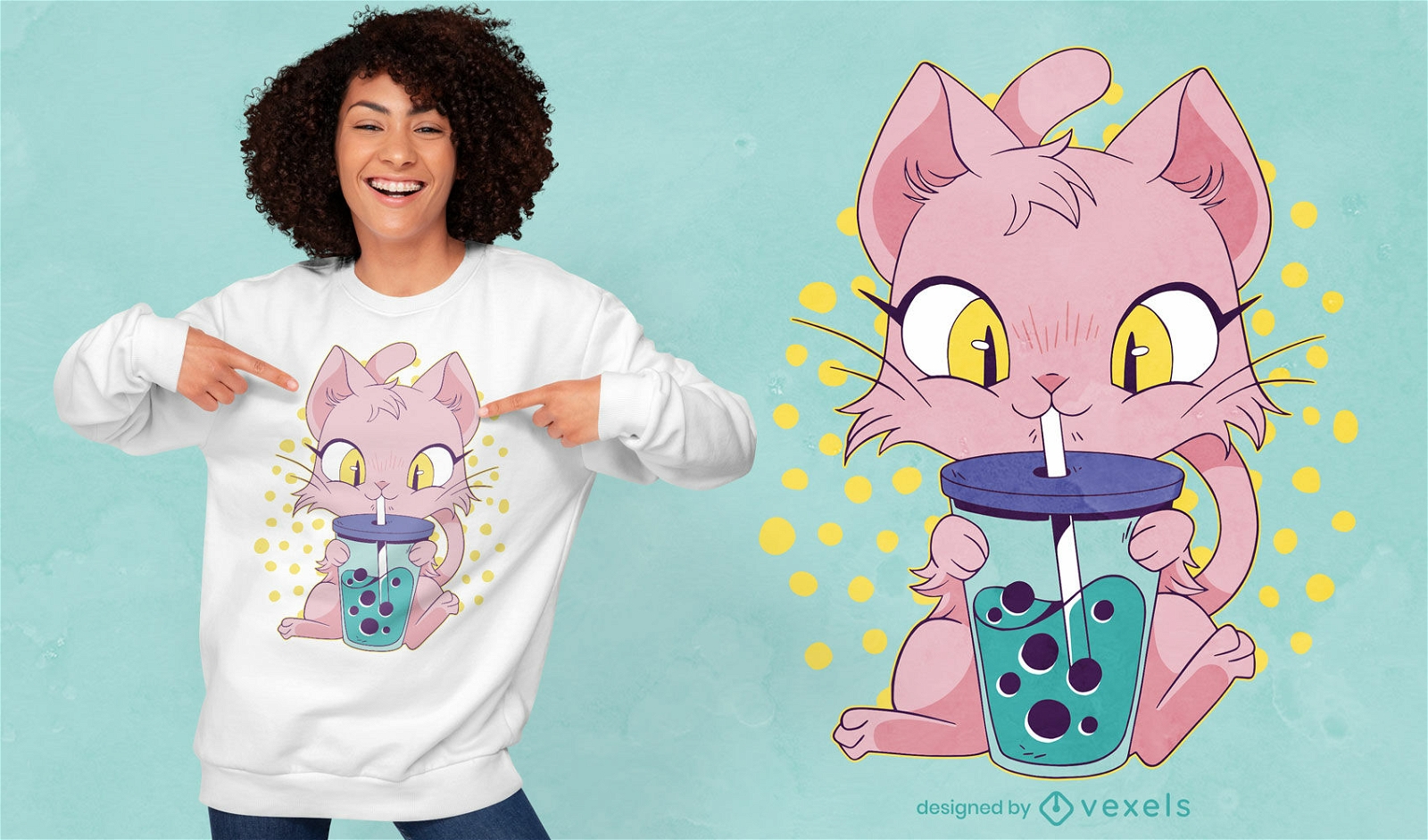 Design de camiseta de gato fofo bebendo ch? de boba