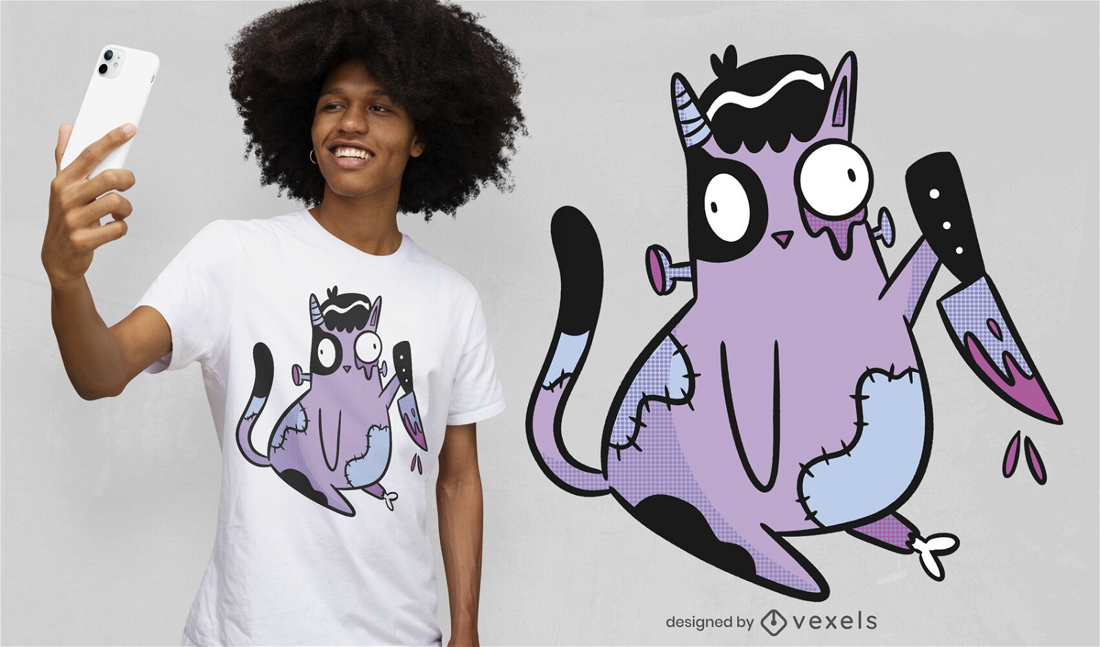 Design de t-shirt de gato zumbi assustador