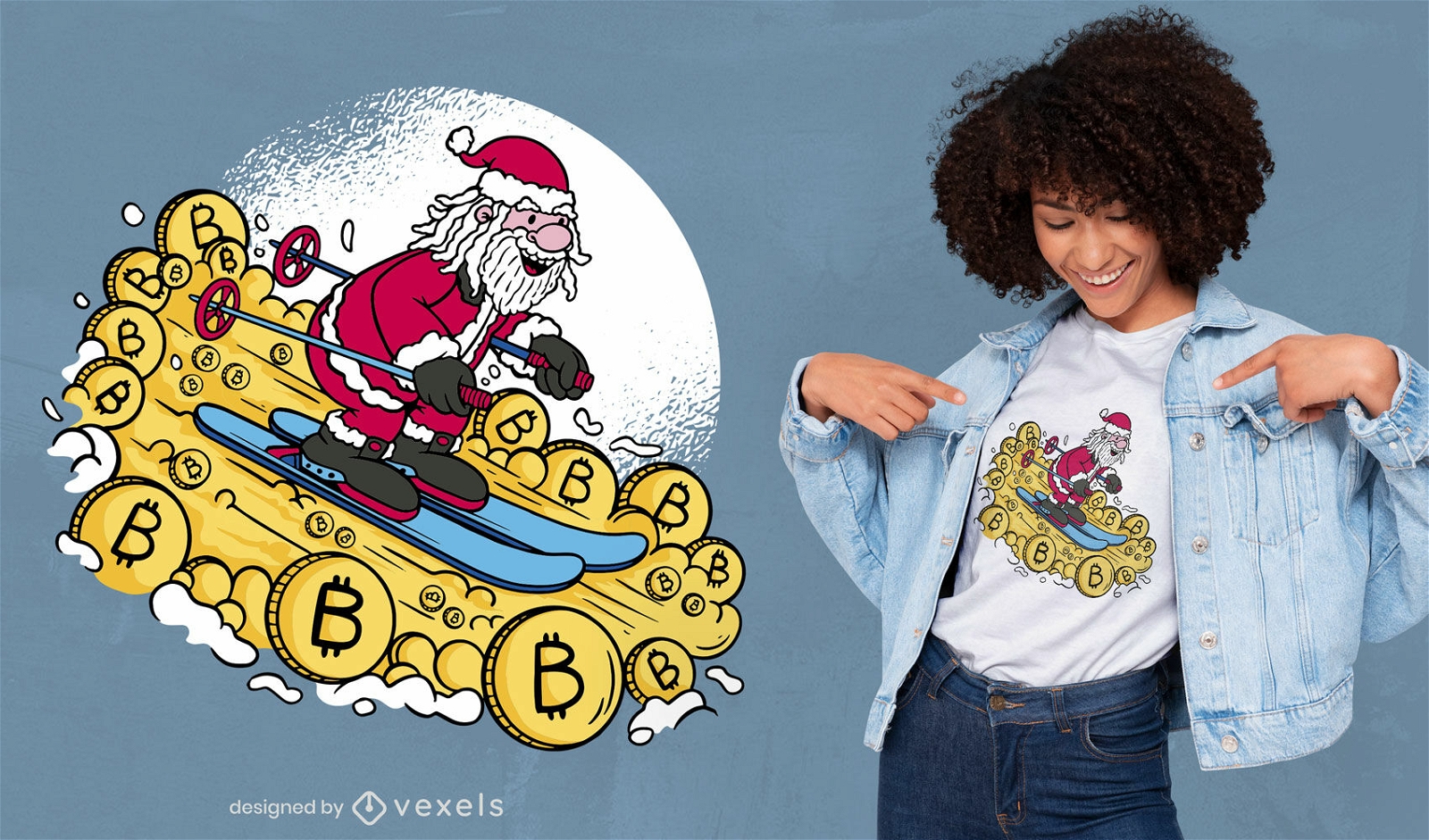 Papai Noel esquiando em design de camiseta criptográfica