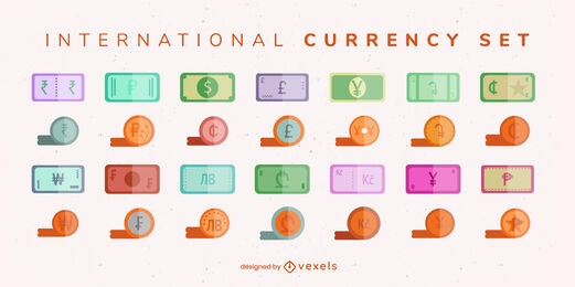 International currency bills and coins set