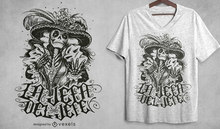 Desenho de t-shirt desenhado à mão com esqueleto de personagem mexicano