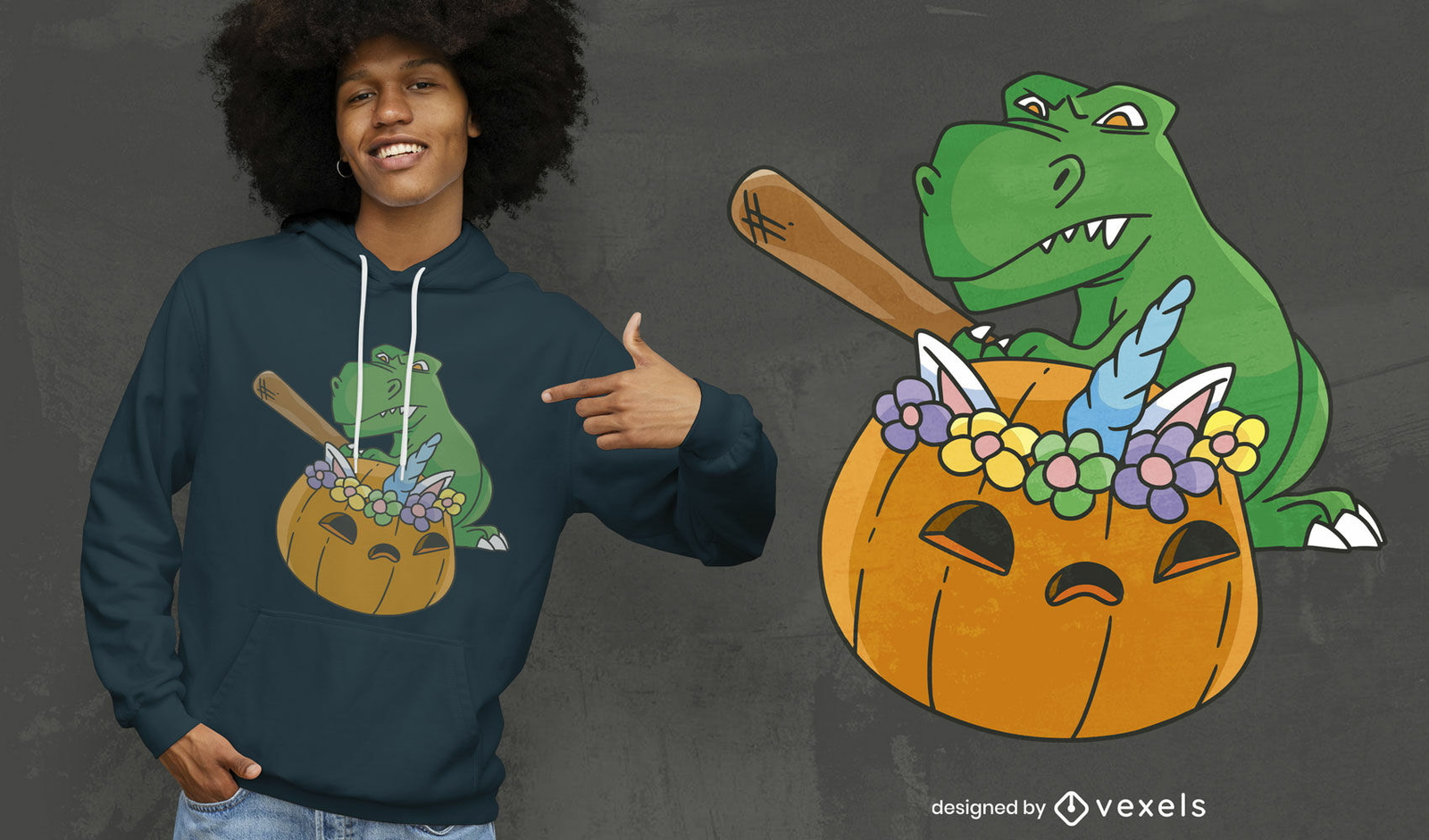 T-rex dinosaur with unicorn pumpkin t-shirt design