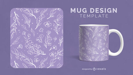 Flowers and leaves line art mug template