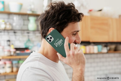 Brunette man on kitchen phone case mockup