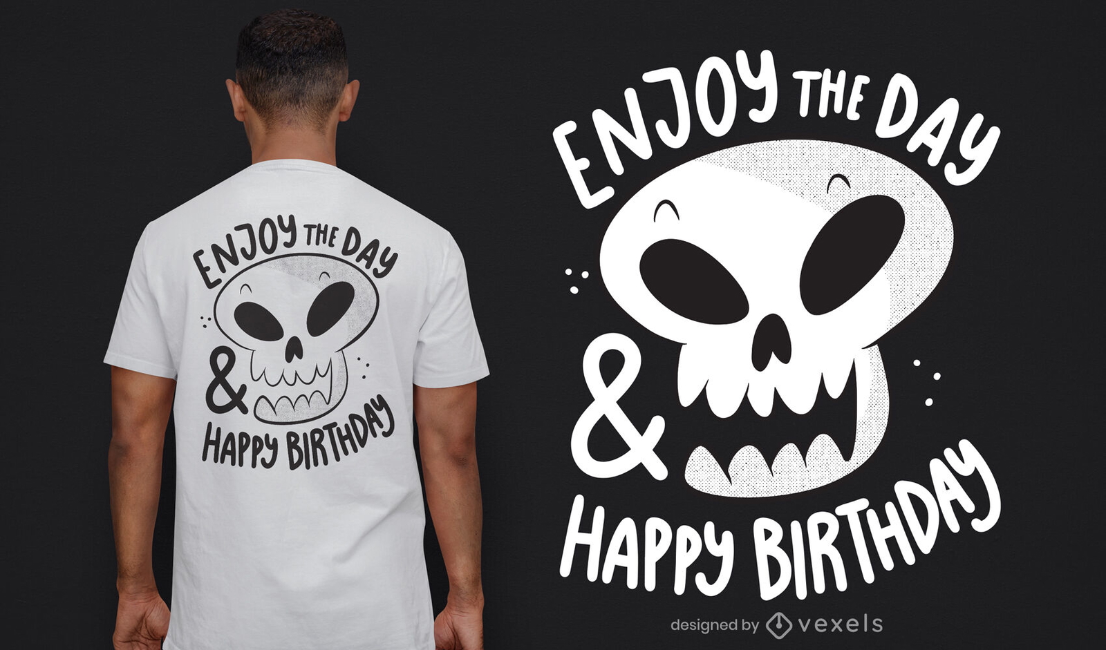 Design de t-shirt com caveira de feliz aniversário